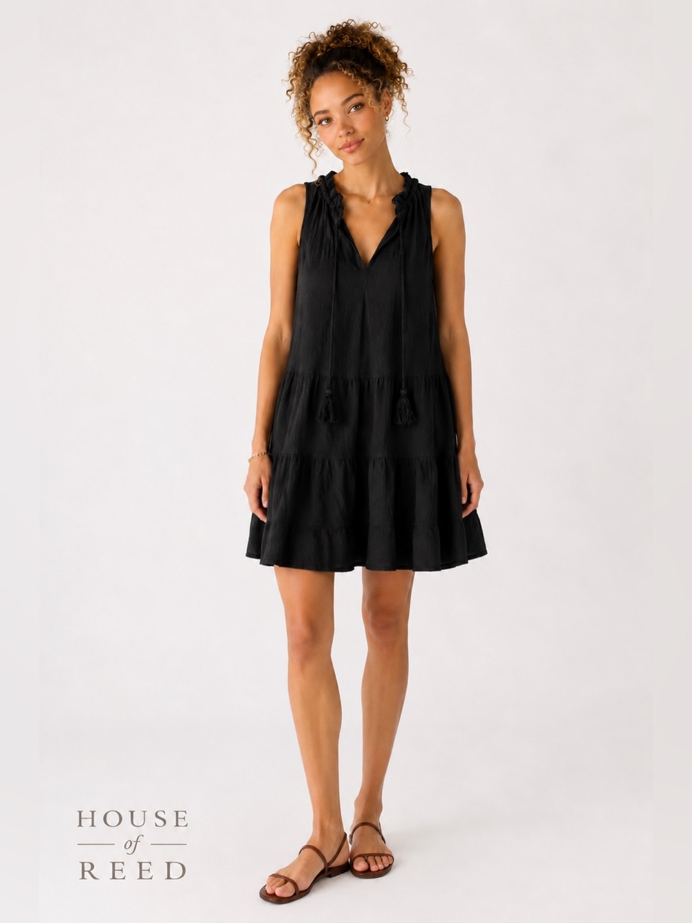MAX STUDIO Black Tiered Mini Dress Tassel Tie Sleeveless Boho XS